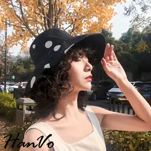 【HanVo】新款韓系抗UV漁夫帽 日系點點復古 韓國 帽子 防曬帽 遮陽帽 現貨女生衣著 女生配件 夏日必備 8108