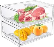 Anshine 2 Pack Clear Fridge Organizer,Pull Out Stackable Fridge Organiser with Lids、Draining Tray and Drawer, Storage Containers with Ventilation System for Kitchen Organization (2 pack large size)