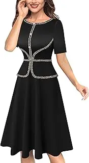 [VFSHOW] Womens Tweed Buttons Peplum Work Business Office Church Crew Neck Colorblock Fit and Flare A-Line Dress