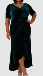 Adrianna Papell Women's Green Ruched Velvet High Low Gown Dress Plus Size 22W