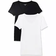 Amazon essentials Women Slim-Fit Short-Sleeve V-Neck T-Shirt Black White 2 Pack