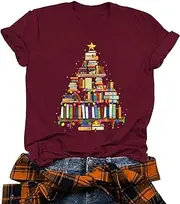 [FCDIED] Christmas Books Tree T-Shirt Women Teachers Love Reading Xmas Gift Tee School Christmas Holidays Casual O-Neck Tshirts