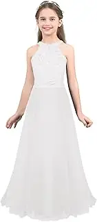 [Yhong] Kids Girls Floral Lace Flower Dress Halter Neck Floor-Length Chiffon A-line Junior Bridesmaid Dress
