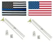 3x5 Police Thin Blue Line & USA American Flag & 2 White Pole Kit Sets 3'x5'