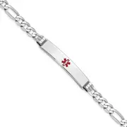 Solid 14K White Gold Medical Red Enamel Figaro Link ID Bracelet