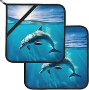 2 Pack Pot Holders for Kitchen Heat Resistant Potholders Swimming Dolphin in Blue Sea Pot Holders Set Washable Hot Pads with Loop Non Slip Potholders for Cooking Baking BBQ Microwave 8 x 8 Inch