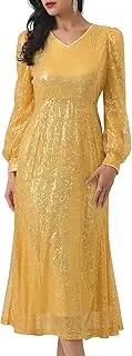 [WOMLAYOUT] Women's Sequin Sparkly Dresses Long Sleeve V Neck Cocktail Party Midi Dress