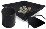 Set (6) Pearlized Dice Circle-in-Circle Design w/Pouch + Rolling Tray + Dice Cup