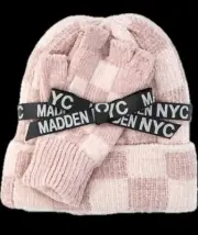 Madden NYC Women's Chenille Pink Check Beanie & Winter Glove 2-Piece Set NWT