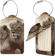 [STVYUKL] African Lion and Lioness Luggage Tags 1 for Suitcase Waterproof Leather Suitcase Tags Privacy Cover Name Id Label and Metal Loop Baggage Tags for Women Men Travel
