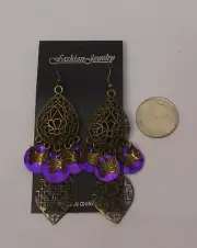 Fashion Jewelry Purple Shell Earrings Drop Dangle Brassy Gold Tones Hook Fastene