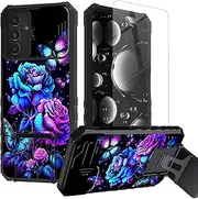 [BREIDMKFM] for Galaxy A35 5G Phone Case,for Samsung Galaxy A35 5G Case with Screen Protector & Kickstand & Slide Camera Lens Protector Cover Heavy Duty Dual Layer Rugged,Purple Roses Butterfly
