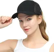 [Generic] Womens Ponytail Messy High Buns Trucker Ponycaps Plain Baseball Cap Dad Hat Adjustable Snapback Girls Caps Black