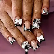 GlamRays French Tip Press On Nails Short Square False Nails with Bow Charm Design Black White Zebra Pattern False Nails Cute Small Flowers Pack of 24