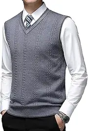 [SWJGLITTR] Men Twisted Knitted Sweater Vest Slim Fit Casual Sleeveless Pullover V Neck Cable Striped Vests Sweater, Grey, Large