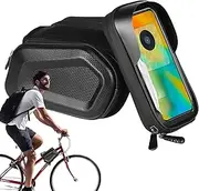 Bike Front Frame Bag, Touchscreen Bikes Cell Phone Pouch, 7.87x2.56x4.53 Inches, Hard Shell Storage Case, Seamless Zipper Design for Road and Mountain Commuting, Black