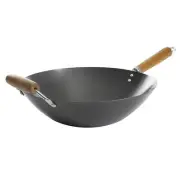 Kenmore Hammond 14" Flat Bottom Carbon Steel Wok in Black w Wooden Handles