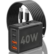 USB C Fast Charger, 40W Dual USB-C Wall Charger, 4-Port 20W USB C Power Adapter with QC3.0 AUS Plug, Dual PD USBC Charger with C to C Fast Charging Cable Compatible with iPhone, iPad, Samsung