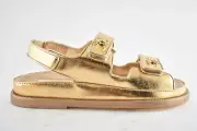 Chanel 22C Golden Gold Laminated CC Logo Mule Slide Strap Flat Dad Sandal 38