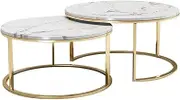 2 Sets of Nesting Tables, Round Marble Tops Coffee Table, Modern Accent Side End Table for Living Room Home Office,White+Gold-80cm+60cm