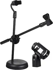 OFFIGAM 1 Set Adjustable Desktop Mic Stand with Phone Holder Stable Tabletop Microphone Support Bracket for Home Studio Podcasting Live Performances and Recording