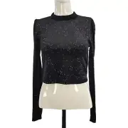 Pimkie Crop Top Black Velvet Long Sleeve Beaded Jewellery Shiny Size S BNWT