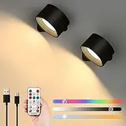 Lightess 2PC LED Wall Sconces, 19 Colors Dimmable Wall Mounted Lamp with Rechargeable Battery Operated USB, 360°Rotate Magnetic Ball, Touch & Remote Control, Cordless Wall Light for Reading Bedside