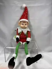 Santas Helper Elf Doll Shelf Sitter Christmas Holiday Decor Striped Hat w/ Bell