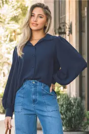 Cupshe Blue Collared Puff Sleeve Button Up Blouse - Blue,M