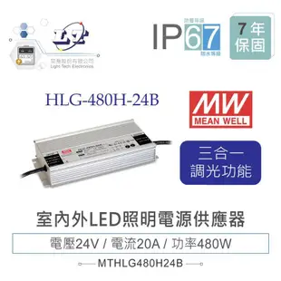 『聯騰．堃喬』MW明緯 24V/20A HLG-480H-24B LED室內外照明專用 三合一調光 電源變壓器 IP67