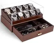 KAMIER Watch Box for Men, 10 Slots Mens Watch Case with Glass Lid, Watch Display Case With Drawer, 2-Layer Watch Holder Organizer, Jewelry and Watch Storage for Men Women, Walnut