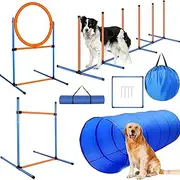 Dog Agility Training Equipment - Dog Obstacle Course Training Starter Kit - Pet Outdoor Games with Tunnel, Weave Poles, Adjustable Hurdle, Jump Ring, Pause Box, Toys and Carrying Bag