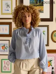 Joules Melanie Blue/White Cotton Ruffle Blouse (B12997) | $113