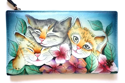 ANUSCHKA THREE KITTEN HAND-PAINTED LEATHER TWO-FOLD CLUTCH WALLET WITH RFID- NWT