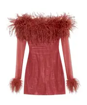 feather-trim mini dress S,M Red