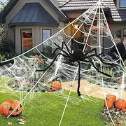 16.4ft Halloween Spider Web Decorations, Triangular Huge Web 50" Giant Spider 120 sqft Stretch Cobwebs With 20Pcs Tiny Spiders for Indoor Outdoor Yard Lawn Costumes Parties Spooky Decor
