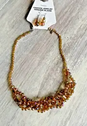 Amber Aurora Borealis Glass Bead Necklace & Earrings Set NWT