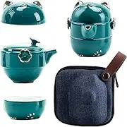 Portable Ceramic Tea Cup Set: Lucky Cat Porcelain Teapot Set with Tea Strainer - Lids and 1 Shockproof Storage Case - Suitable for Travel - Outdoor Picnic - Office Work - Home - Green