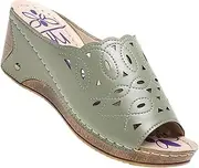 [XWCG] Women's Fashion Wedge Platform Cutout Sandals Ladies Cusual Solid Shoes Retro Round Head Leather Thongs Flip Flop Platform Leather,Green,US8/EU39
