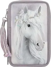 Depesche 13126 Miss Melody Fantasy Horse - Filled 3-Compartment Pencil Case in Pale Purple, with Horse Motif and Glitter, Pencil Case with Colouring Pencils, Ruler, Scissors etc.