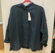 Eileen Fisher NWT Linen Rayon Boxy Lagenlook Jacket Top M Teal Blue Ret. $118