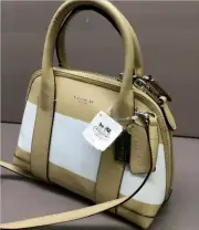 $228 COACH BLEECKER STRIPED MINI PRESTON SATCHEL , Tan White , Small