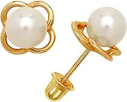 [JewelryWeb] 14k Yellow Gold White 5x5mm Freshwater Cultured Pearl Flower Screw Back Earrings 8x8mm Stud Earring for Women