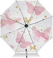 [RPLIFE] Pink Butterflies Golden Stars Windproof Travel Umbrella, Lightweight Portable Automatic Open/close Umbrella for Women, Travel Umbrellas for Rain, Wind and Sun