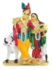 Radha Krishna Idol with Cow Metal Statue for Car Dashboard Home Decor