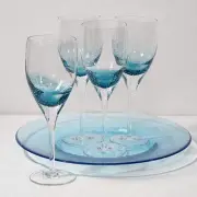 Set 4 Roscher & Co Clear Teal Wine Glasses Air Bubbles Smooth Stem 9-3/8" Bubbly