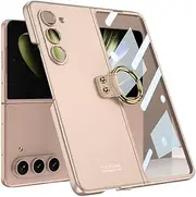 Ultra-Thin Phone Case for Samsung Galaxy Z Fold 5, Folding Shell with Ring Bracket for Z Fold5, Protective Cover with Tempered Glass Film (Gold, for Fold 5)