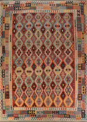 Geometric Kilim Rugs Rectangle Flatweave Pile Wool Kelim Carpets 10x13 ft
