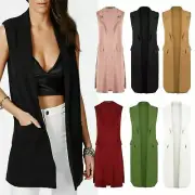 WOMEN'S LADIES SLEEVELESS LONG DUSTER COAT WAISTCOAT SMART FORMAL BLAZER JACKET