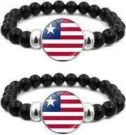 [ZENRUIMING] 2Pcs Liberia Flag Black Beaded Bracelet, Men's and Women's Adjustable Elastic Bracelet, Liberia Travel Souvenir, One Size, Resin Glass, no gemstone